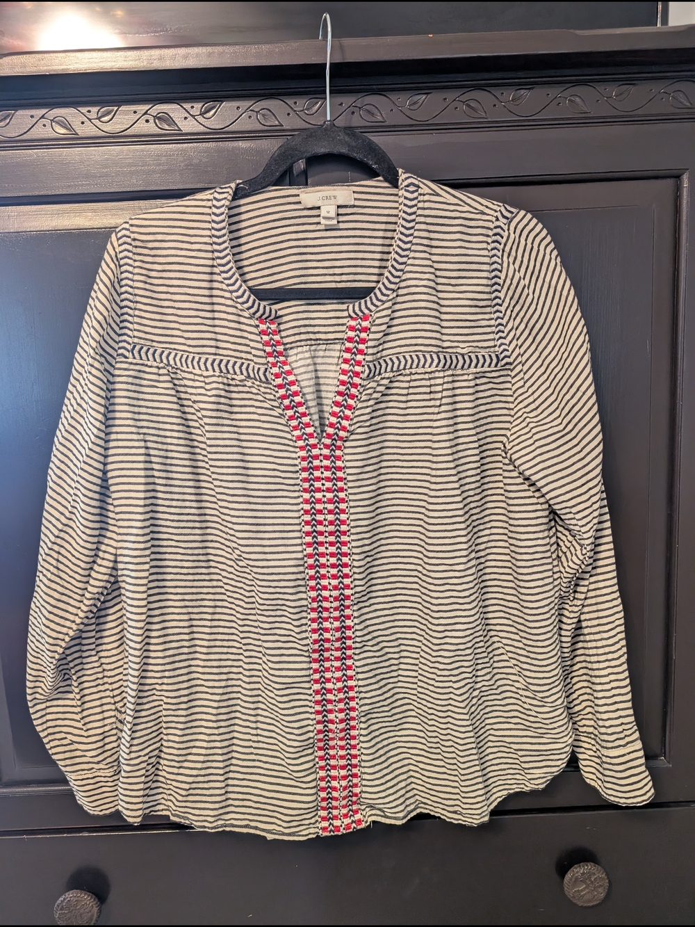 J. Crew Women's Striped Long-Sleeve Blouse with Pink Trim